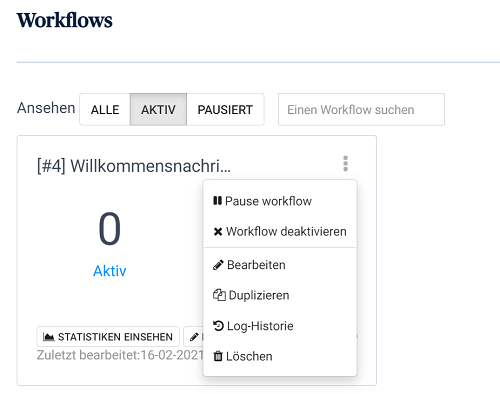 Workflow-verändern-Statistiken Überblick Workflow, Änderungen, Pausen und Statistiken