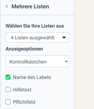 Screenshot aus Sendinblue, mehrere Listen auswählen