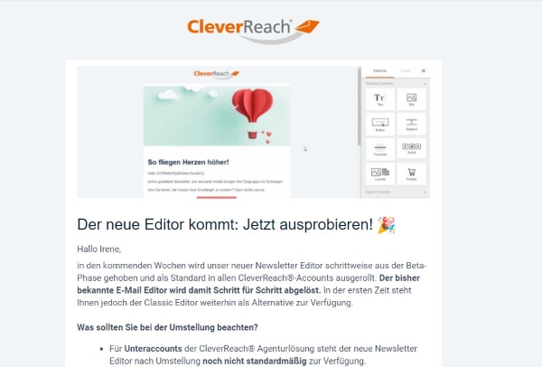 Neuer Newsletter-Editor, Ankündigung von CleverReach