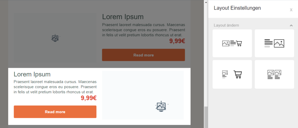 Das Element Product hat 4 Varianten, du kannst das Layout wechseln
