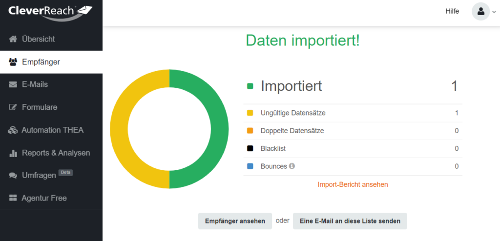 Screenshot aus CleverReach: Bestätigung und Auswertung für Datenimport