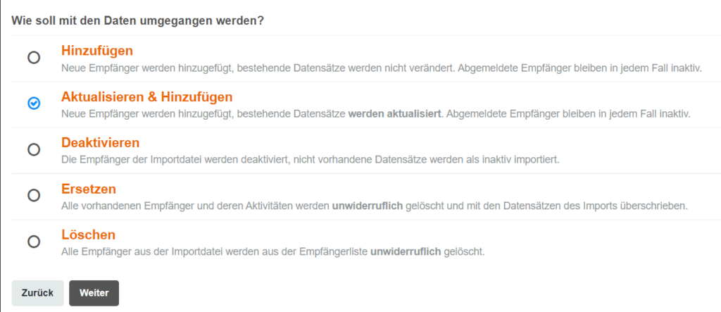 Screenshot aus CleverReach: Daten-Import abschließen und Empfänger hinzufügen