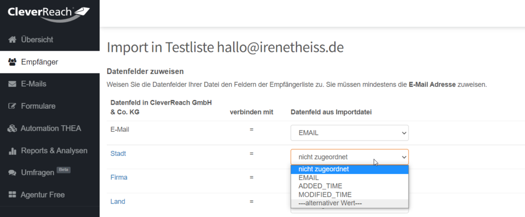 Screenshot aus CleverReach: Datenfelder der Import-Datei zuordnen