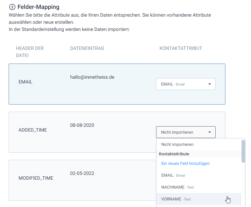 Screenshot aus Sendinblue: Felder-Mapping, so ordnest du die Datenfelder zu