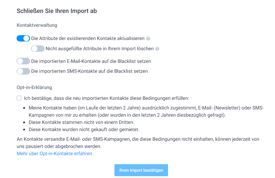 Screenshot aus Sendinblue: Import bestätigen (DSGVO) und abschließen