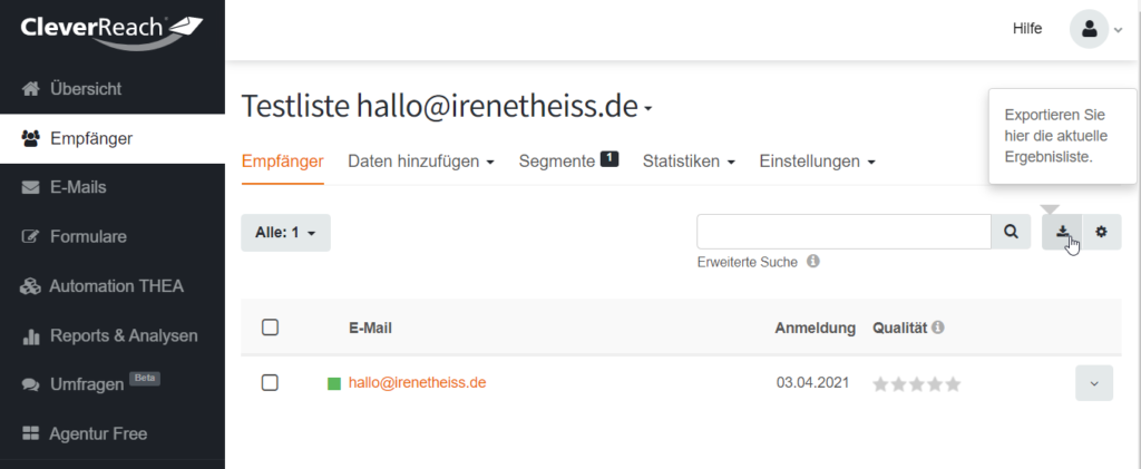 Screenshot aus CleverReach: Kontakte aus Liste exportieren