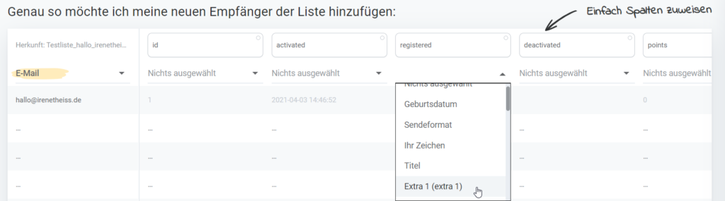 Screenshot aus rapidmail: Daten aus Importdatei den Spalten zuweisen