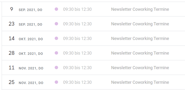 Auszug aus meinem Kalender: die ersten Coworking Termin im Herbst 2021