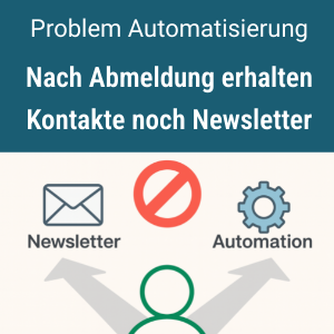 Illustration: In Brevo werden Kontakte trotz Abmeldung weiter im Newsletter geführt – Symbolgrafik mit Pfeilen zwischen Newsletter und Automation, rotem Stopp-Symbol und grünem Kontakt-Icon.