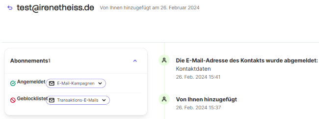 Ansicht Brevo-Kontakt: E-Mail-Kampagnen aktiv, aber Transaktions-E-Mails werden blockiert