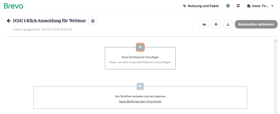 Klicke auf "Eintrittspunkt hinzufügen", um die Startbedingungen der Automatisierung anzulegen und so den Auslöser zu definieren