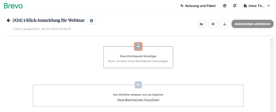 Klicke auf "Eintrittspunkt hinzufügen", um den ersten Schritt der Automation anzulegen und so den Auslöser zu definieren