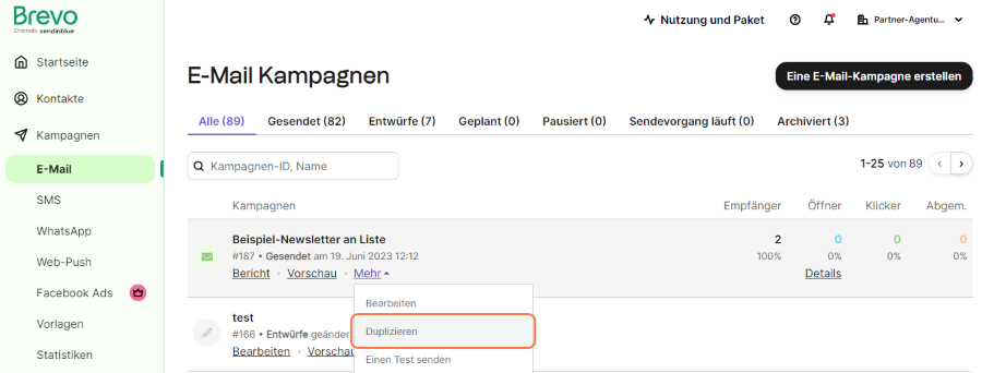 Eine bereits versendete E-Mail-Kampagne duplizieren. Screenshot aus dem Kampagnen-Bereich von Brevo