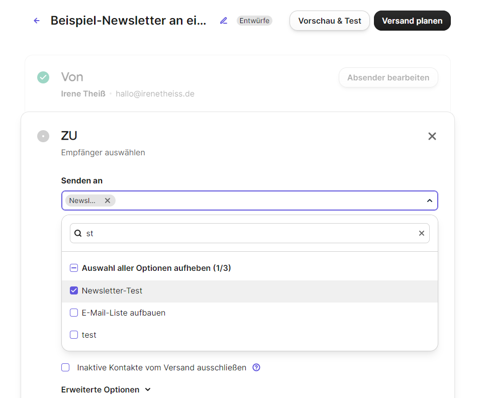 Empfänger für einen Newsletter hinzufügen in Brevo. Wähle zunächst die Listen aus. Screenshot von den Einstellungen einer E-Mail-Kampagne