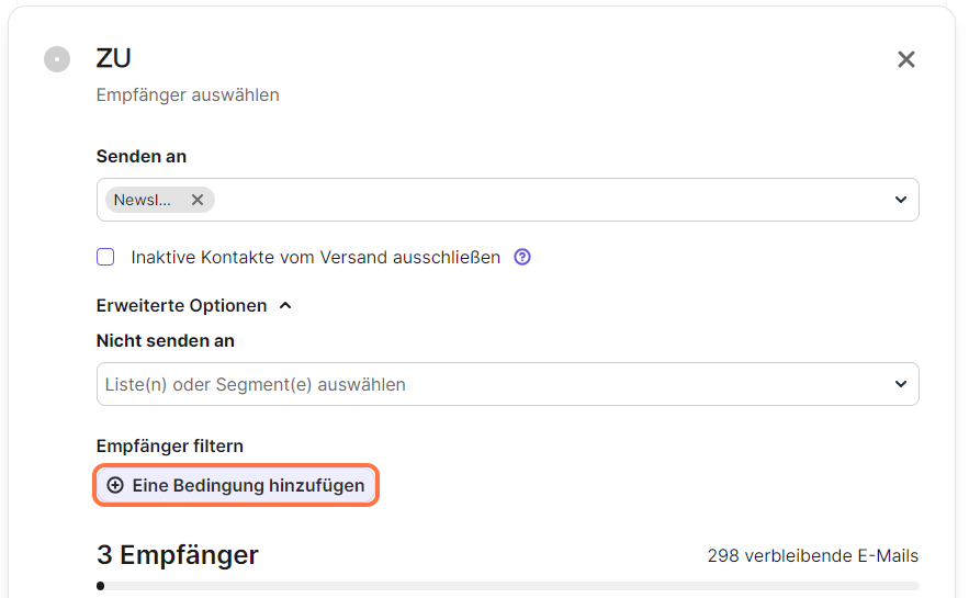Empfänger-Auswahl in Brevo verfeinern. Filtere Empfänger, indem du eine Bedingung hinzufügst