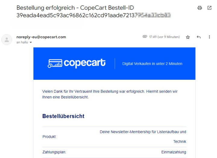 Bestellbestätigung von CopeCart, Membership erfolgreich gebucht