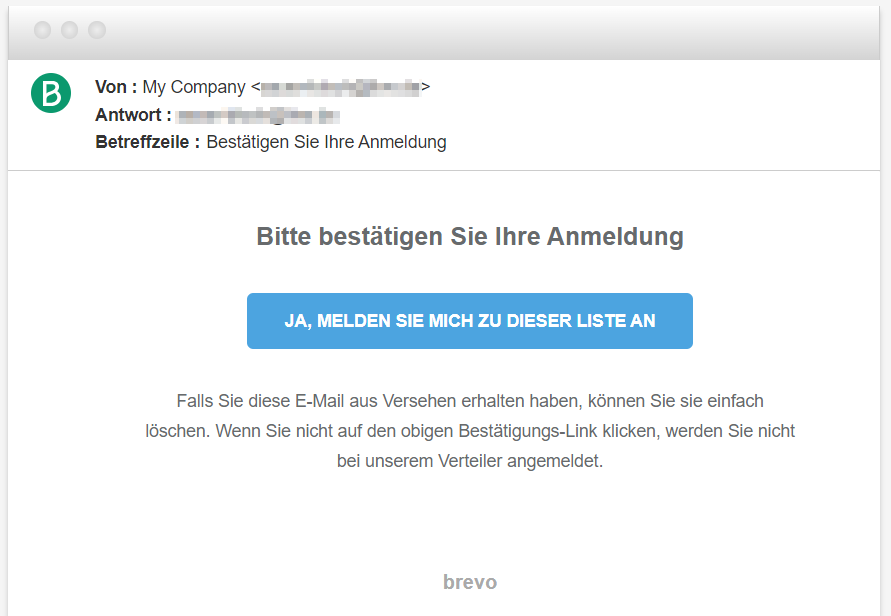 Double-OptIn-Mail von Brevo. Bei diesem Template fehlt ein Footer mit Absenderangaben wie Impressum und Link zur Datenschutzerklärung