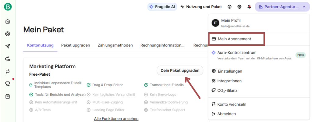 Im Brevo-Konto ein Paket buchen oder Informationen zum aktuellen Paket erhalten unter "Mein Abonnement"