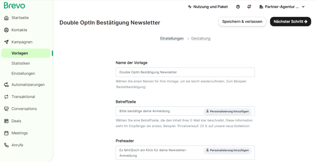 Einstellungen für E-Mail-Vorlage in Brevo mit Feldern für Vorlagenname, Betreff und Preheader