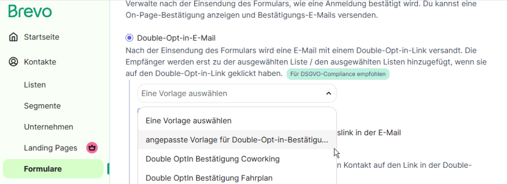 Screenshot des Brevo Formular-Editors mit den Optionen für eine Double-Opt-in-Mail. Auswahl einer zuvor angelegten E-Mail-Vorlage für die DOI-Mail