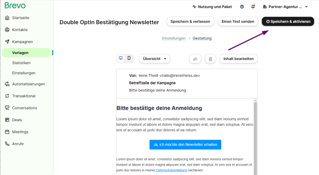 In Brevo erstellte E-Mail-Vorlage speichern und aktivieren (Button hervorgehoben)