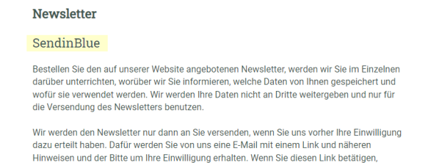 Datenschutzerklaerung-Ueberschrift-Sendinblue Auszug aus der Datenschutzerklärung. Überschrift Newsletter / Sendinblue