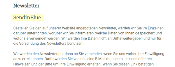 Auszug aus der Datenschutzerklärung. Überschrift Newsletter / Sendinblue