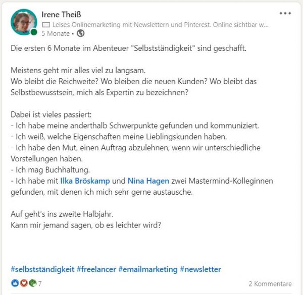 Erstes Resumee nach 6 Monaten Selbstständigkeit, LinkedIn Beitrag