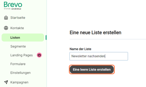 Liste-erstellen-benennen-speichern Eine neue Liste benennen und speichern. Screenshot aus dem Kontakte-Bereich von Brevo