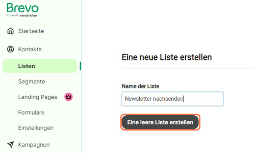 Eine neue Liste benennen und speichern. Screenshot aus dem Kontakte-Bereich von Brevo