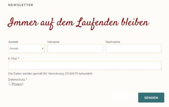 Newsletter bewerben mit Überschrift "Auf dem Laufenden bleiben". Es fehlen Infos, was den Leser erwartet