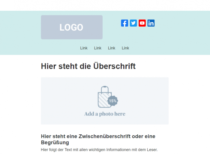 Vorlage_Header-Grafik-Logo Vorschau eines Newsletter Headers in Sendinblue: farbiger Hintergrund und Platzhalter für Logo, Navigation und Social Media Icons