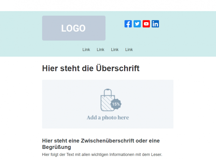 Vorschau eines Newsletter Headers in Sendinblue: farbiger Hintergrund und Platzhalter für Logo, Navigation und Social Media Icons